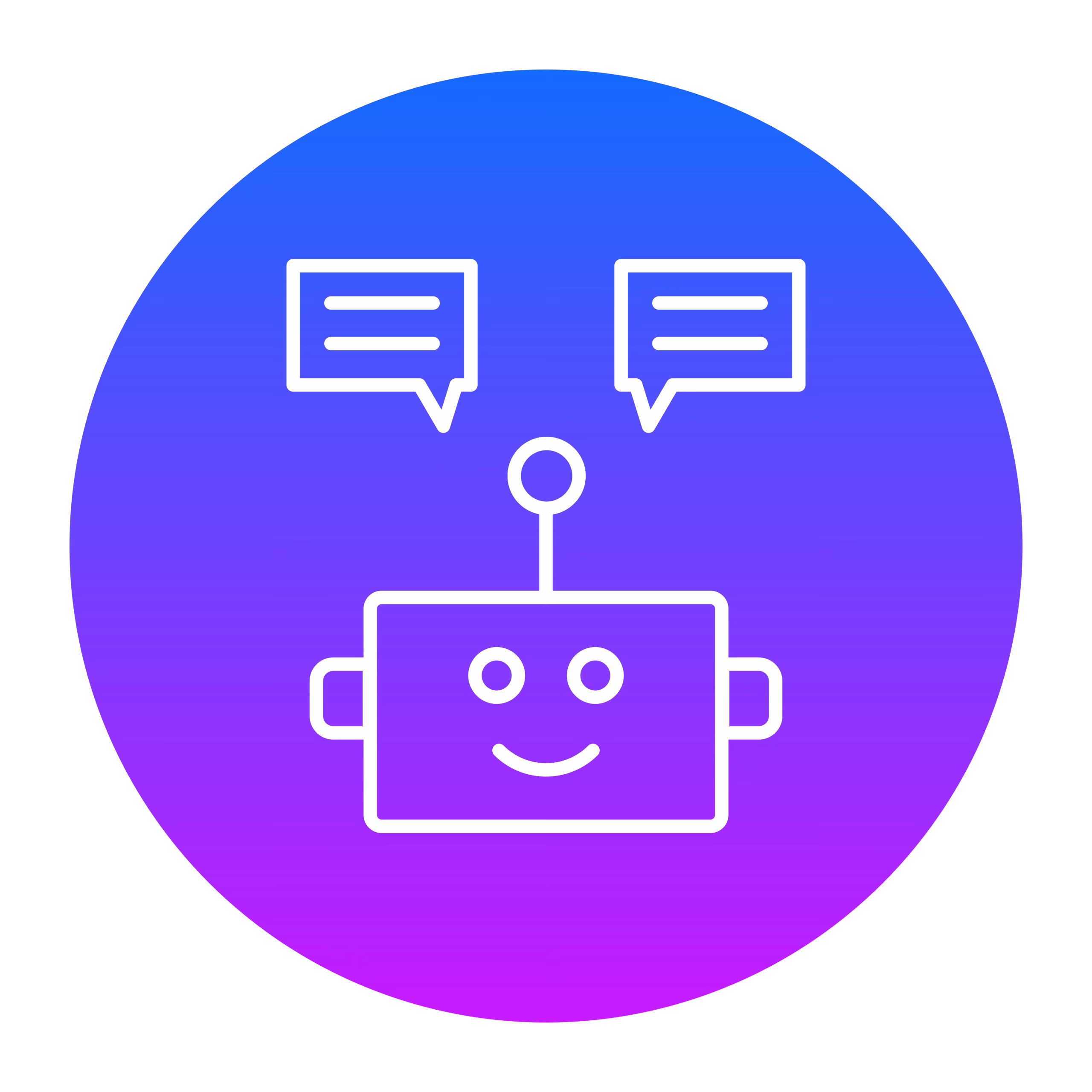 A purple and blue badge with the head of a robot and chat boxes above