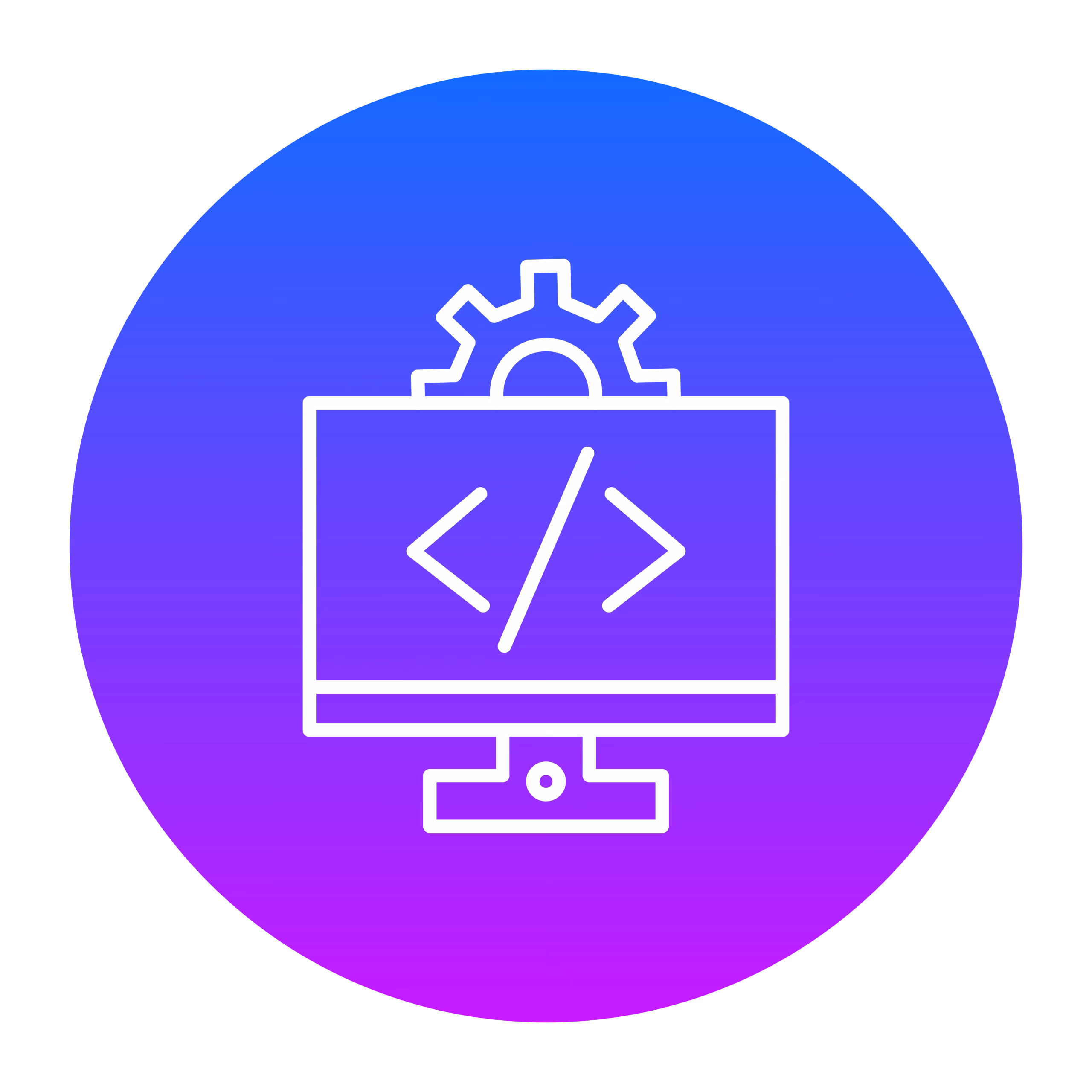 A purple and blue circular badge containing a cog and monitor displaying code